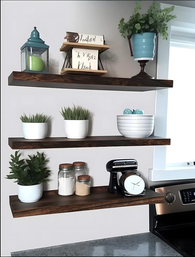 YYWUOJJ Wood Floating Shelves for Wall Decor, Rustic Wall Shelves for Bedroom Bathroom Kitchen Living Room, Set of 4 Walnut 24 Inch