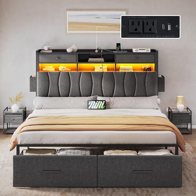 YITAHOME Full Size with 2 Storage Drawers and Charging Station, Linen Upholstered Platform Bed with Storage Headboard and LED Light, Heavy Duty Metal Support, No Box Spring Needed, Noise Free, Grey