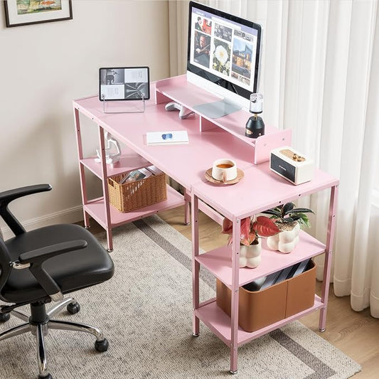 MINOSYS Computer Desk 55-inch with Storage Shelf - Pink Ideal Gaming Desk for Bedrooms, Small Spaces, and Home Offices Modern Writing Desk for PCs.