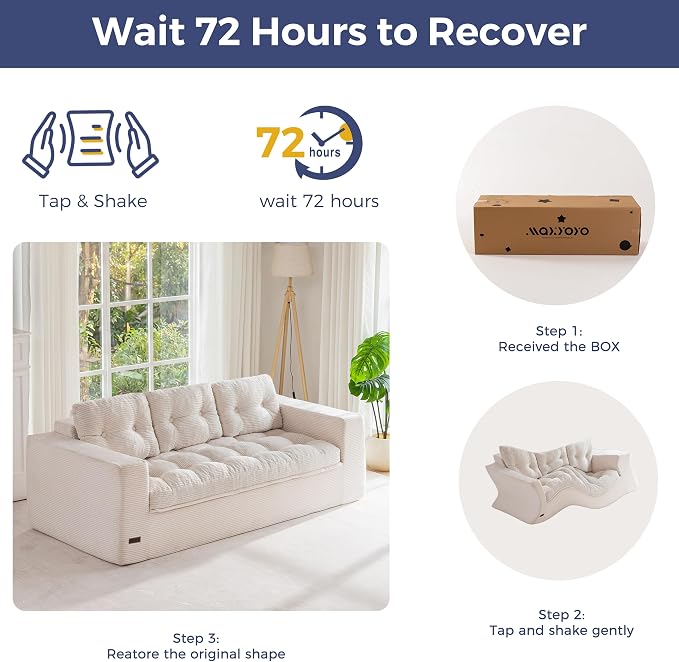 MAXYOYO 79" Loveseat Sofa Couch for Small Spaces, Upholstered Boneless Cloud Couch for Apartment Bedroom, 3-Seater Love Seat Floor Modern Sofa with Pillows, No Assembly Required, Beige