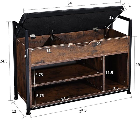 35" Wood Shoe Rack for Entryway, Shoe Bench with Storage and Padded Cushion Seat, Bench Organizer, Ideal for Foyer, Mudroom, Hallway, or Bedroom, Rustic Brown and Black