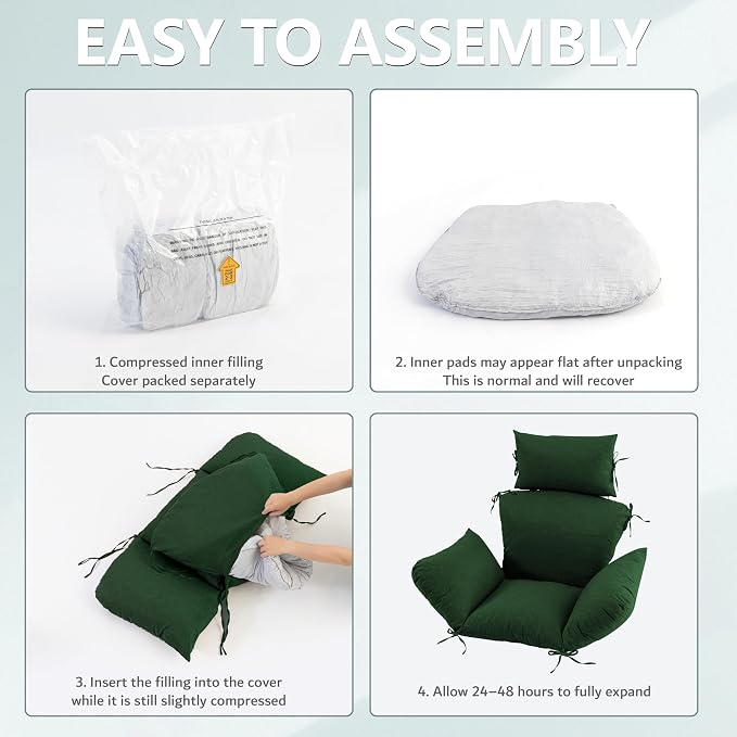 Egg Chair Cushion with 8 Securing Straps, Water-Repellent & Fade-Resistant Faux Linen, Removable Cover, Replacement Cushion for Most Single Outdoor Hanging Swing Egg Chairs – Olive Green