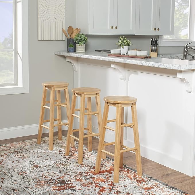 PJ Wood Classic Round Seat 29" Tall Kitchen Counter Stools for Homes, Dining Spaces, and Bars with Backless Seats & 4 Square Legs, Natural (Set of 4)