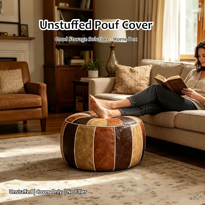 Thgonwid Unstuffed Moroccan Storage Pouf Foot Stool Ottoman Seat Handmade Faux Leather Bean Bag Floor Chair Foot Rest for Living Room, Bedroom or Balcony (Multi Color)