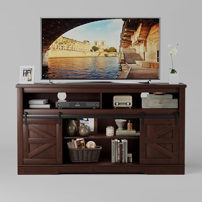 JUMMICO Fireplace TV Stand for 65+ Inch TV with 26'' Fireplace Entertainment Center with Storage Cabinet and Adjustable Shelves, Media Console with Sliding Barn Door for Living Room (Brown)