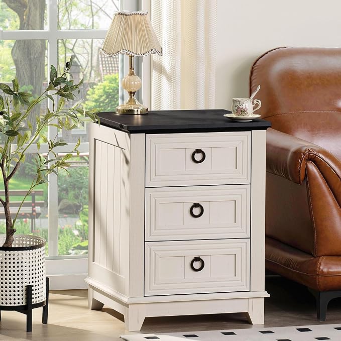 Joaxswe Farmhouse Night Stand Set of 2, 18" End Table with 3 Drawer Metal Handle, Dresser for Bedroom, Sofa Bed Side Table Chest of Drawers,Wood Nightstand Cabinet for Organizer, Living Room-White
