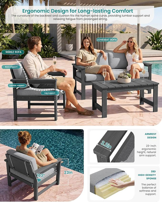SERWALL 3 Pieces HDPE Outdoor Bistro Sofa Set with Cushions, All Weather Use Adirondack Single Armchair Set of 2 with Side Table, Grey Frame with Grey Cushions