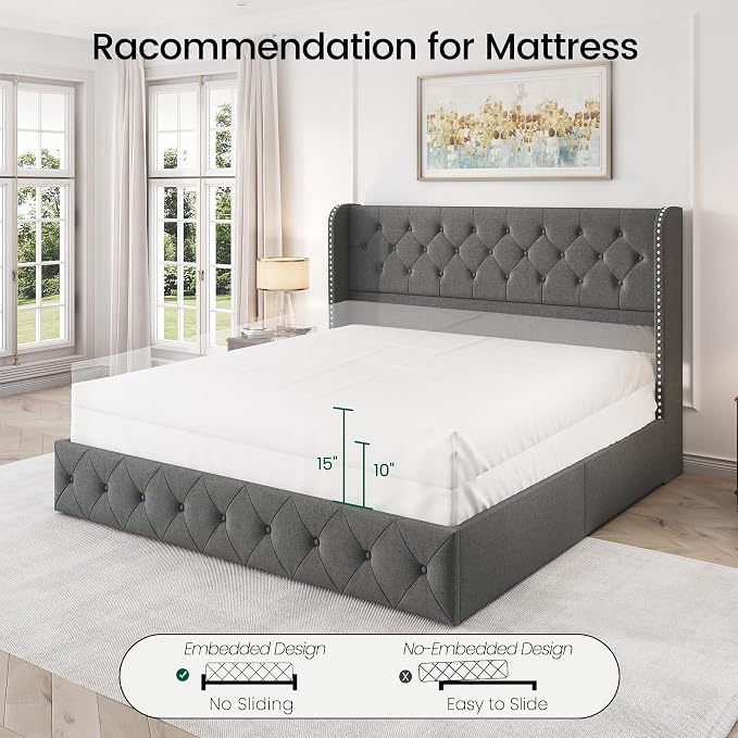 LARMACE Upholstered King Size Bed Frame with 4 Storage Drawers and 47.2" Tall Wingback Headboard Tufted Platform Bed Frame Linen Beds with Wooden Slats Support, Easy Assembly, Light Grey