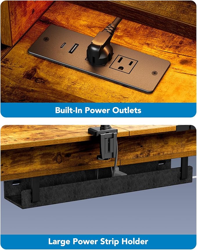 HUANUO 65″ L-Shaped Standing Desk with 3 Drawers, Vintage Brown | Built-in Power Outlets, LED Strip, Smooth Electric Height Adjustment, 4 Memory Presets, 220 lbs Capacity, Power Strip Holder