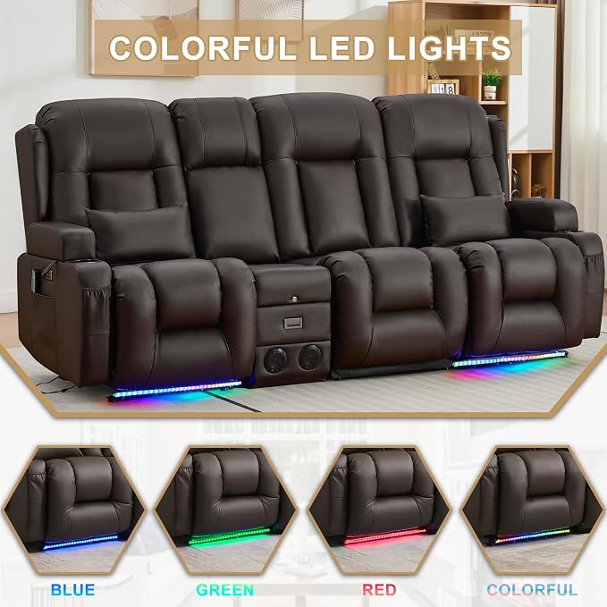 URRED Power Loveseat Recliner Sofa with Massage and Heat, Wall Hugger Reclining Loveseat with Console, RV Couch Home Theater Seating with LED Lights for Living Room (Dark Brown, 89.8" - 3 Seats)