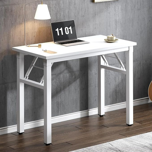 Need 31.5 Inch Folding Computer Desk for Small Spaces, White Study Foldable Writing Table for Home Office, Bedroom, Dorm Room & Student, No Assembly