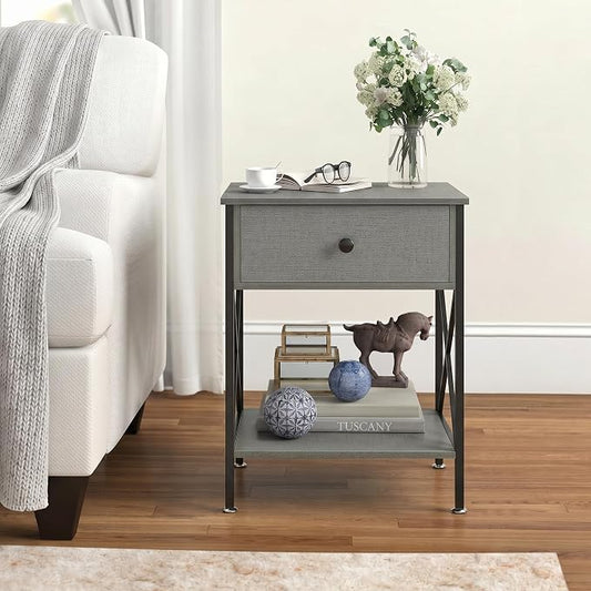 VECELO Nightstands Set of 2, Modern Bedside End Tables, Night Stands with Drawer and Storage Shelf for Living Room Bedroom, Industrial Metal Frame