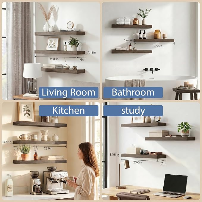 Floating Shelves for Wall, Bathroom Shelves Over Toilet, Wall Shelves & Book Shelf for Room, Hanging Shelf, Modern Wooden Mounted Floating Shelves, 24x7x1.5 in (Smoke Gray, Set of 3)