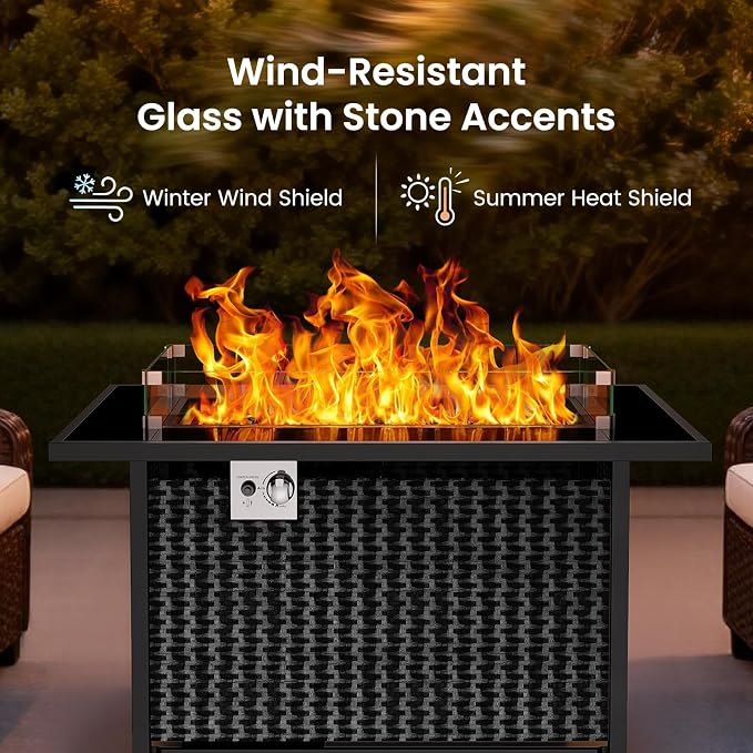 Ciays 43″ Propane Fire Pit with Glass Wind Guard, CSA-Listed 60,000 BTU Outdoor Gas Fire Pit Table, Tempered Glass Top, Glass Rocks,Lid, Adjustable Legs, Fire Table for Patio, Garden & Party, Black