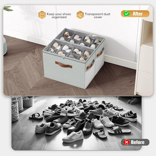 Budding Joy 2 Pack Shoe Organizer for Closet, Clear Foldable Shoe Storage Containers Adjustable Dividers Fits 16 Pairs,Shoe Storage Bins Baskets Boxes with Reinforced Handles Light grey | Farbic shoe storage organizer box bin with clear cover, fits up ...