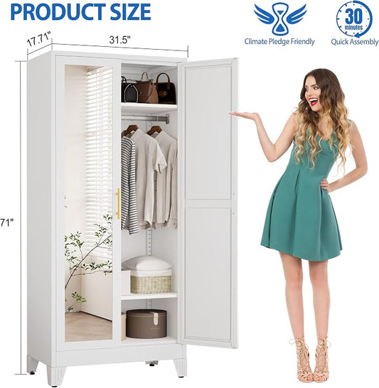 GAIOUS Metal Wardrobe Cabinet with Mirror and Hanging Rod, 71" White | Clothing Storage Cabinets with 2 Doors and Adjustable Shelves, Armoire Wardrobe Closet for Bedroom, Laundry Room, Cloak Room