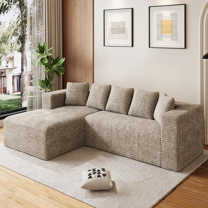 Oversized L Shaped Boneless Sectional Couches for Living Room, 107" Comfy Fluffy Cloud Modular Sectional Sofa, Plush Corduroy Memory Foam Floor Sofa with Left Facing Chaise Couch