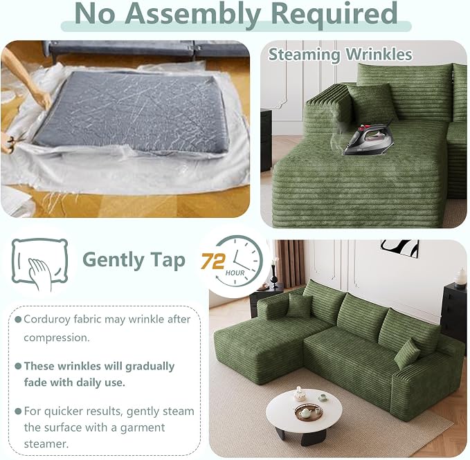 95" Modular Sectional Sofa, Modern Corduroy Cloud Couch with Side Pockets, Boneless Couch Upholstered 3-Seater L-Shaped Sofa for Living Room, No Assembly Required (Green,Left-Facing Chaise)
