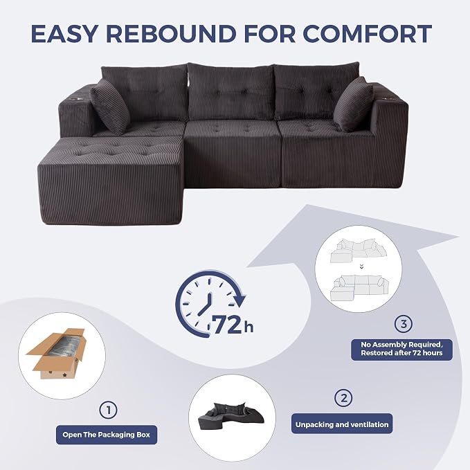 MAXYOYO Modular Sectional Sofa Couch, L Shaped Modern Cloud Couch with Ottoman, Sofa in A Box, Tufted 4-Seat Boneless Sleeper Chair for Living Room, No Assembly Required, Grey