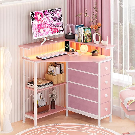 VENNQD Corner Desk with Drawers Shelves for Small Space 90 Degrees Triangle Computer Desk with Power Outlets,Gaming Desk with LED Lights Monitor Stand for Home Office Workstation Writing Table (Pink)