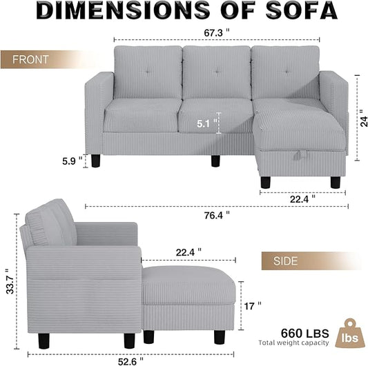 JAMFLY Convertible L-Shaped Sectional Sofa with Reversible Storage Ottoman, 3-Seat Couch with Side Pockets, Modern Compact Furniture for Small Apartments, Studios & Lofts, Light Grey