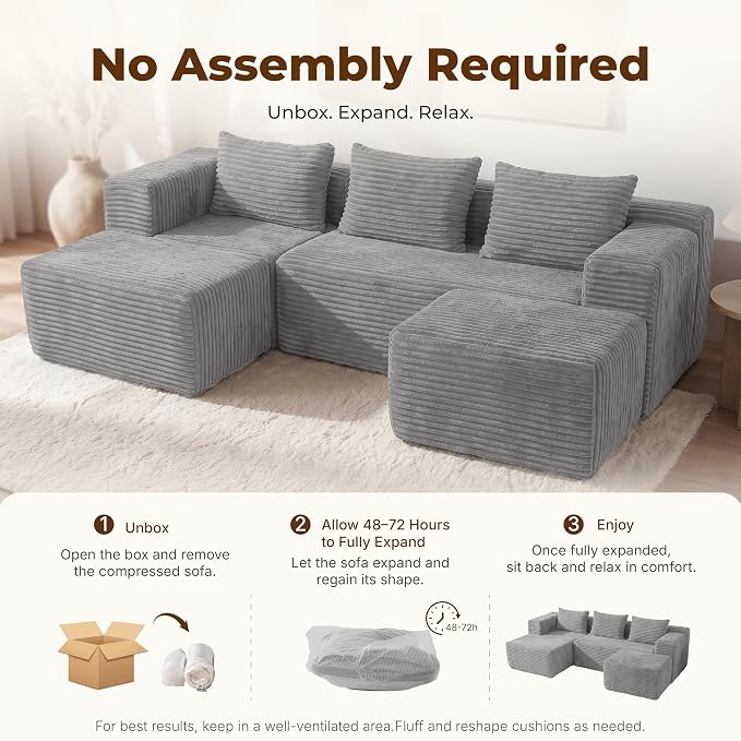 Modular Sectional U-Shaped Sofa with Deep Seat, Modern Boneless Comfy Corduroy Fluffy Couch with Side Pockets and Anti-Slip & Floor-Friendly Bottom for Living Room, No Assembly, Light Grey