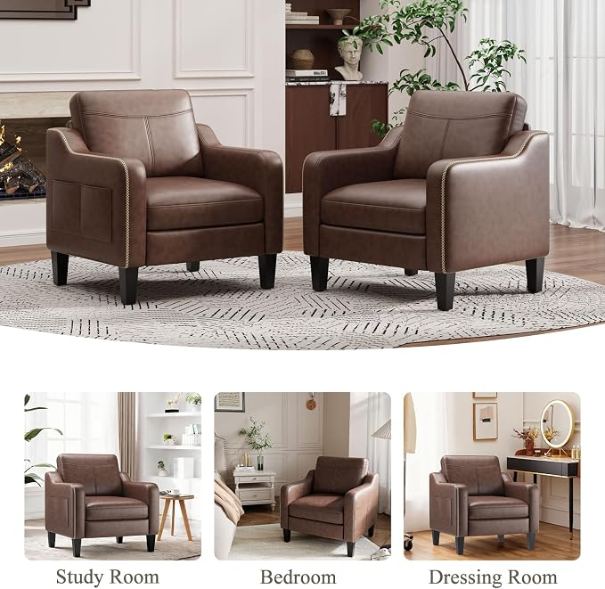 MALOL PU Leather Accent Chair Set of 2, Mid-Century Modern Living Room Armchair Sofa with Removable Cushions & Stitched Armrest Design, Bedroom Chair with Plastic Legs, Chocolate Brown