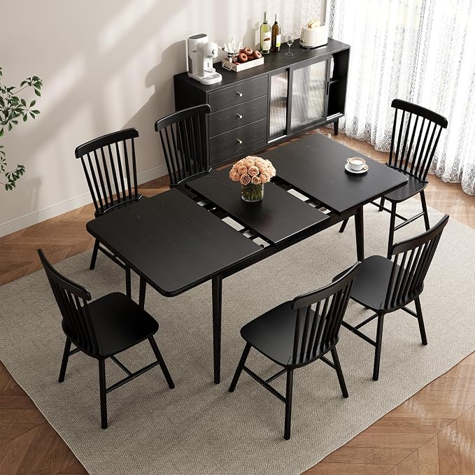 Muwuele Solid Wood Extendable Dining Table for 4-8 People with Seamless Extension from 47.2 to 63 Inches, Easy Assembly, Expandable Tables for Small Spaces, Dining Room, Kitchen, Living Room, Black
