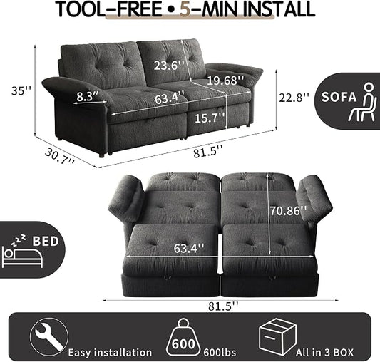81.5" Pull Out Sofa Bed Full Size, Pre-Assembled Chenille Sleeper Sofa, Convertible Loveseat Futon Couch with Tufted, Pillows, for Apartment, Living Room, Small Spaces, dorms, Grey