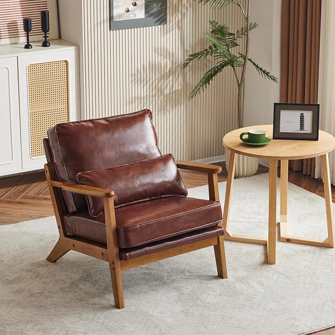 VINGLI Solid Wood Wide Armrests Accent Chair,Upholstered Mid Century Modern Chair with Pillow,Comfy Reading Chair Farmhouse Arm Chair,Chairs Living Room,Bedroom,Guest Room,PU Leather,Dark Brown