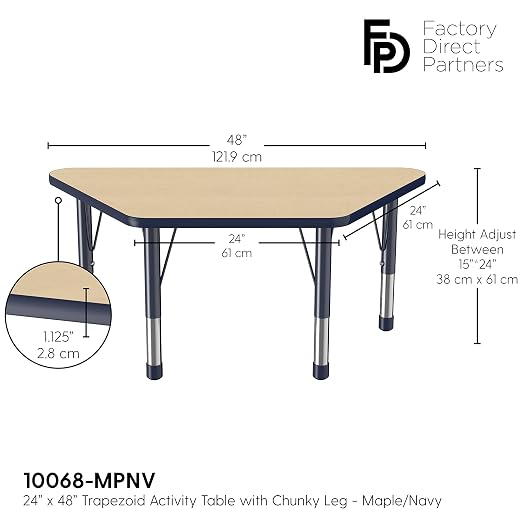FDP Trapezoid Activity School and Classroom Kids Table (24 x 48 inch), Chunky Toddler Legs for Collaborative Seating Environments, Adjustable Height 15-24 inches - Maple Top and Navy Edge