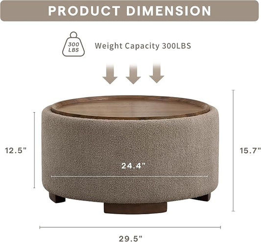29.5 Inch Round Storage Ottoman Coffee Table,Modern Circle Coffee Table with Storage with Removable Lid Top and Solid Wood Legs,Large Round Ottoman for Bedroom,Living Room,Teddy Fleece,Brown