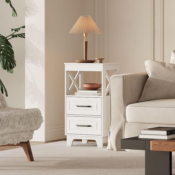 Tall Nightstand Set of 2 Side Table with 2 Drawers Modern Night Stand Wooden End Table Bedside Table with Upper Open Shelf Solid Feet for Bedroom, White