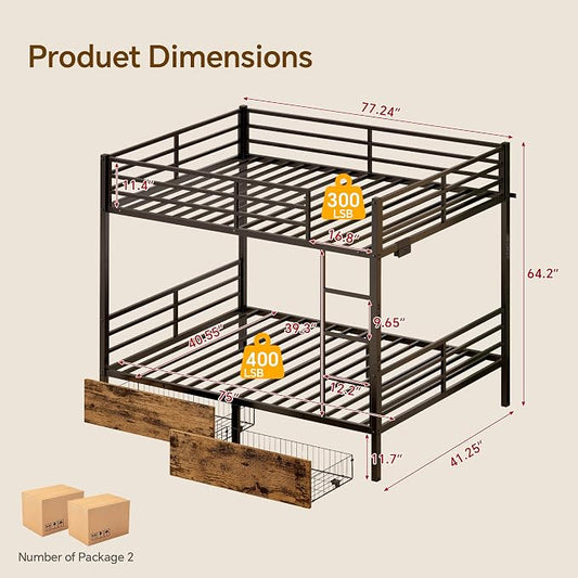 Twin Over Twin Metal Bunk Bed with 2 Rolling Under-Bed Storage Drawers | Charging Station, Stable Square Tube Frame, Converts to Separate 2 Twin Beds, Full Safety Guardrails & Ladder for Bedroom