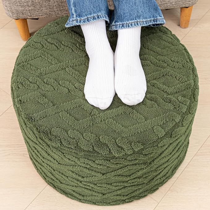 Poofieotto 20"x14" Round Foam Stuffed Pouf Ottoman - Modern Floor Foot Rest & Seating for Living Room, Bedroom, or Couch - Stylish Home Decor Accent (Forest Green)