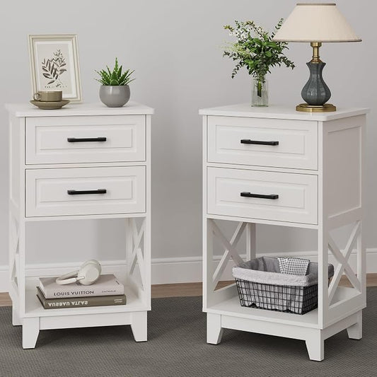 May in Color Nightstand Set of 2, 30" Tall Side Table with 2 Drawers and Open Shelf, Bedside Table with Solid Feet, Modern Night Stand End Table for Bedroom, Home Office, White
