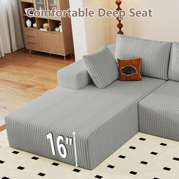 95" Cloud Sectional Couch with L-Shape Chaise, Modular Comfy Sofa Chaise Longue, Upholstered Corduroy Couches Sleeper with Deep Seat for Living Room, No Assembly Required(Light Grey, Left Facing)
