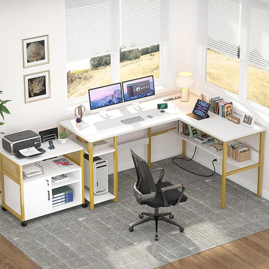 Unikito Reversible L Shaped Desk with Magic Power Outlets and USB Charging Ports, Sturdy Corner Computer Desk with Storage Shelves, Gaming Table Home Office Desk, Easy to Assemble, White and Gold
