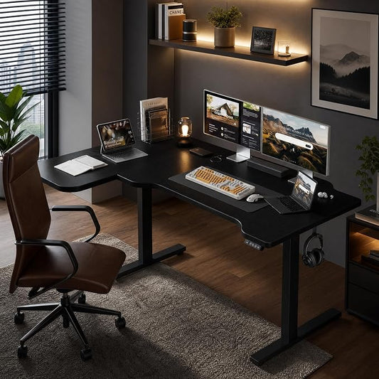 Grandder 47" L Shaped Standing Desk, Electric Height Adjustable Corner Stand Up Desk with Ergonomic Curved Round Corner for Small Apartment Home Office, Black Desktop Black Frame