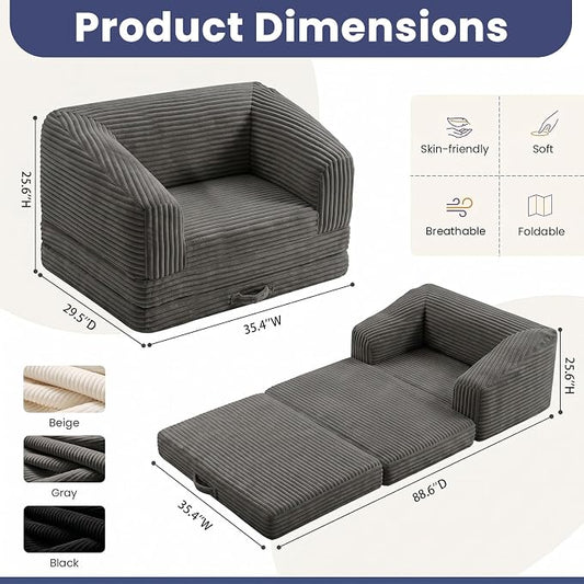 JUIKURY Convertible Sofa Bed, 3-in-1 Foldable Loveseat Couch with Armrest, Corduroy Floor Sofa & Sleeper Bed, No Assembly High-Density Foam Futon Mattress for Living Room, Small Apartment, Dorm