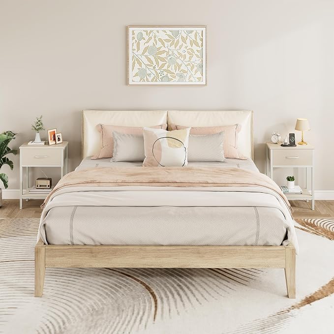 Vagusicc Nightstand Set of 2 with Charging Station, Bed Side Table with Fabric Drawer, Small End Table with 2-Tier Storage Shelves, 25.4" Tall Night Stand Bedside Table for Bedroom Living Room, Beige