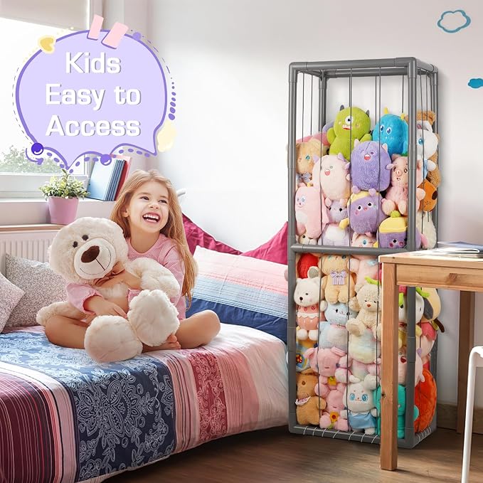 Stuffed Animal Storage Zoo Holder Space Save, PVC Stuffed Animal Organizer | Vertical Plush Toy Organizer with Elastic Band and Net, Large Capacity Stuffy Storage for Playroom Bedroom Nursery
