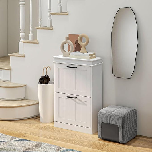 HOMCOM Narrow Shoe Cabinet with 2 Flip Drawers, Modern Freestanding Shoe Storage Cabinet with Adjustable Shelves for Entryway, Hallway, White
