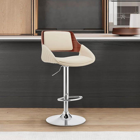 Armen Living Colby Modern Adjustable Height Swivel Cream Faux Leather and Walnut Wood Bar Stool with Chrome Base for Kitchen Island Counter