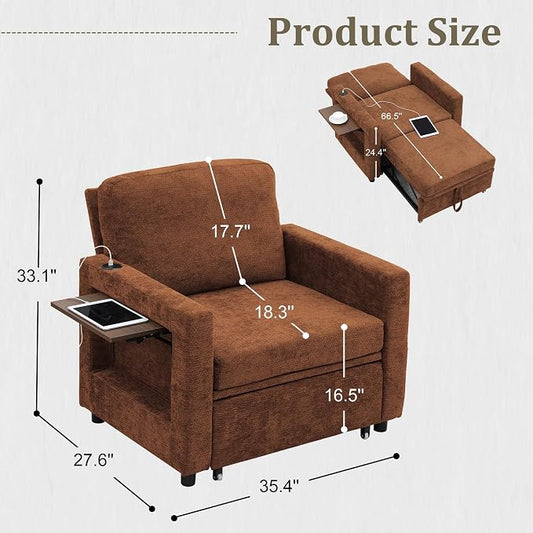 3 in 1 Folding Convertible Sleeper Sofa Bed Pull Out Couch with Side Pockets USB Port Side Table Single Sofa Bed with Adjustable Backrest for Living Room Bedroom 66" Orange 1 SEAT
