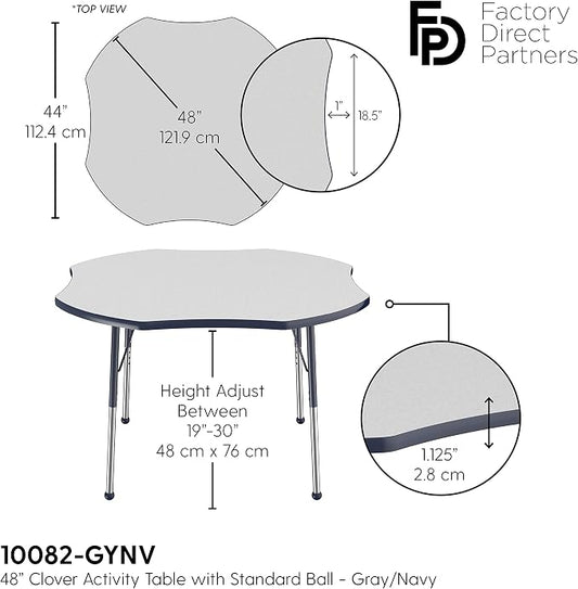 FDP Clover Activity School and Office Table (48 x 48 inch), Standard Legs with Ball Glides for Collaborative Seating Environments, Adjustable Height 19-30 inches - Gray Top and Navy Edge