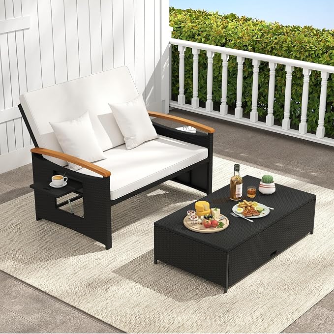 Moccha Outdoor Wicker Daybed, Patio Rattan Loveseat Sofa w/ 4-Level Adjustable Backrest, Folding Panels, Storage Ottoman & Cushions, Lounge Furniture Set for Poolside Backyard Porch (White & Black)
