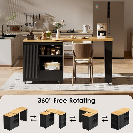 66'' Rolling Kitchen Island with 360° Swivel Tabletop Mobile Kitchen Island with Power Outlet Rotating Kitchen Islands with Storage Cabinets Wood Kitchen Island Table for Kitchen, Bar, Dining Room