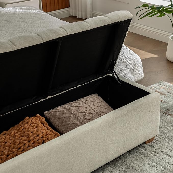 60.2" Storage Bench, End of Bed Storage Benches, Chenille Fabric Upholstered Ottoman Bench with Safety Hinge for Living Room Entryway Bedroom Hallway