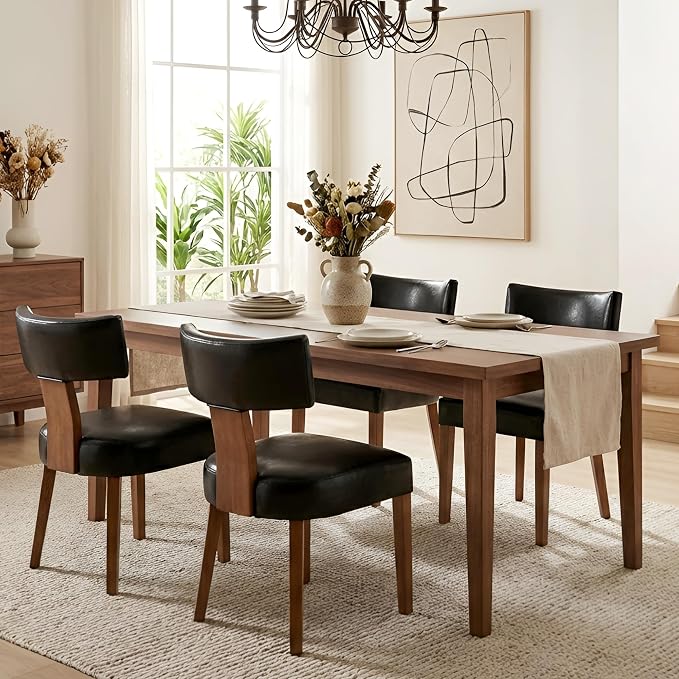 HNY Mid Century Modern Dining Chairs Set of 4, Farmhouse PU Leather Upholstered Accent Chair Curved Backrest Kitchen Chairs, with Hardwood Frame, Black